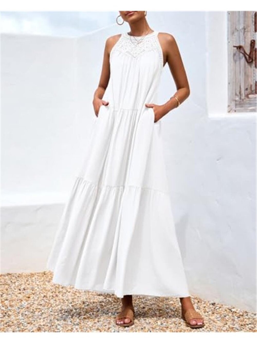 Women's Halter Summer Dress Casual Spring Hollow Boho Maxi Dress - Picture 4 of 6
